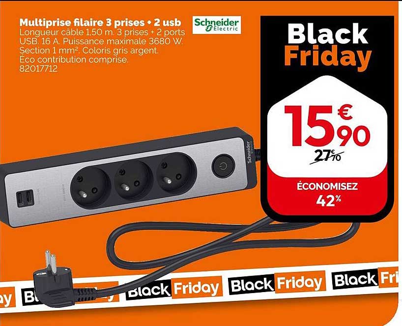 Multiprise filaire 3 prises + 2 usb