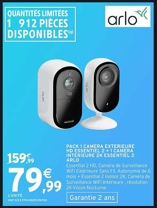PACK 1 CAMERA EXTERIEURE HD ESSENTIEL 2 + 1 CAMERA INTERIEURE 2K ESSENTIEL 2 ARLO