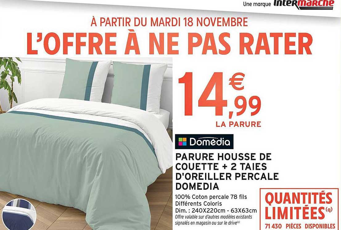 PARURE HOUSSE DE COUETTE + 2 TAIES D'OREILLER PERCAL DOMEDIA