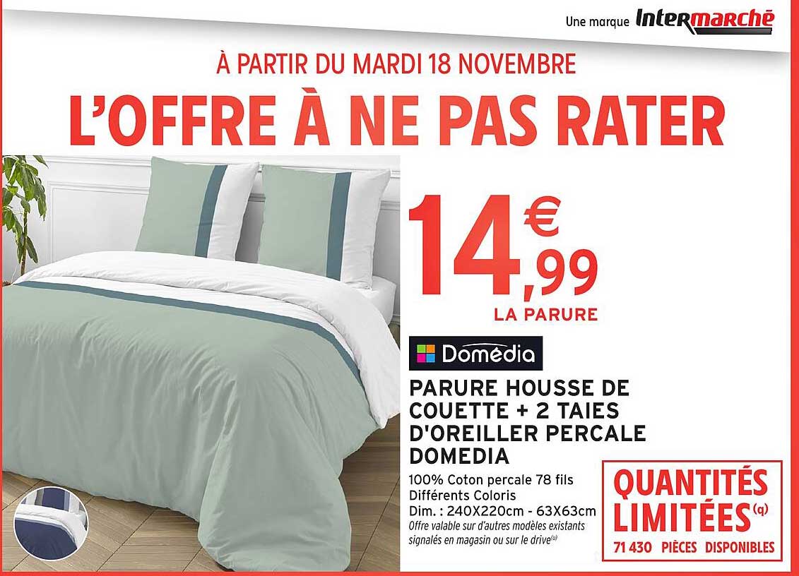 PARURE HOUSSE DE COUETTE + 2 TAIES D'OREILLER PERCAL DOMEDIA