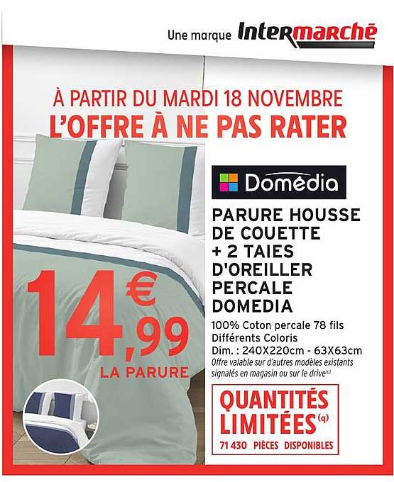 PARURE HOUSSE DE COUETTE + 2 TAIES D'OREILLER PERCAL DOMEDIA