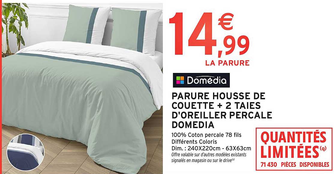 PARURE HOUSSE DE COUETTE + 2 TAISES D'OREILLER PERCALLE DOMEDIA
