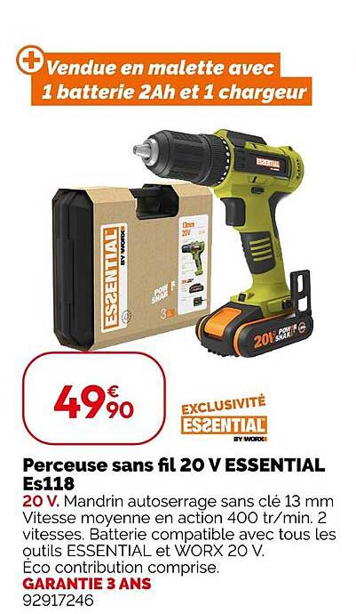 Perceuse sans fil 20 V ESSENTIAL Es118