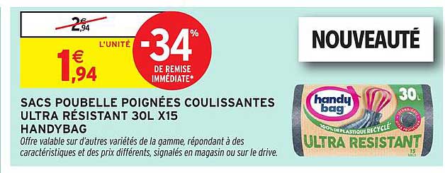 SACS POUBELLE POIGNÉES COULISSANTES ULTRA RÉSISTANT 30L X15 HANDYBAG