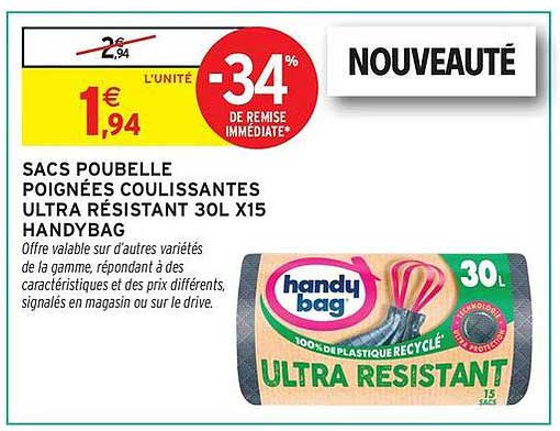 SACS POUBELLE POIGNÉES COULISSANTES ULTRA RÉSISTANT 30L X15 HANDYBAG