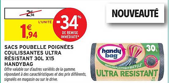 SACS POUBELLE POIGNÉES COULISSANTES ULTRA RÉSISTANT 30L X15 HANDYBAG