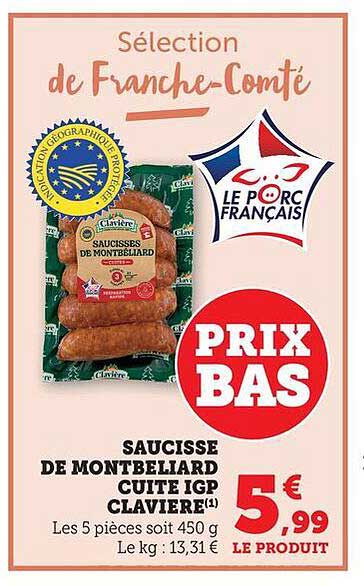 SAUCISSE DE MONTBELIARD CUITE IGP CLAVIFIERE
