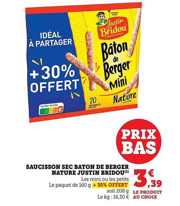 SAUCISSON SEC BATON DE BERGER NATURE JUSTIN BRIDOU