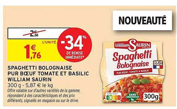 SPAGHETTI BOLOGNAISE PUR BŒUF TOMATE ET BASILIC WILLIAM SAURIN