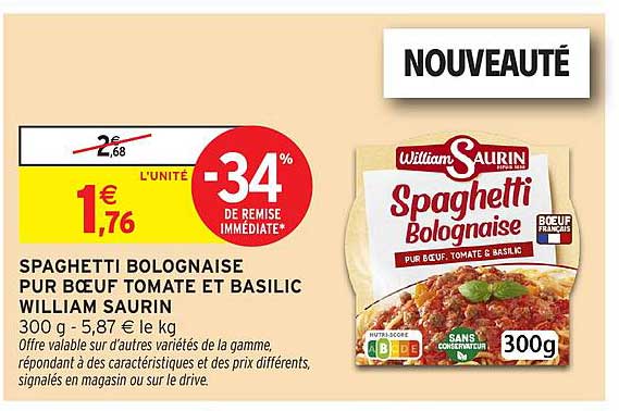 SPAGHETTI BOLOGNAISE PUR BŒUF TOMATE ET BASILIC WILLIAM SAURIN