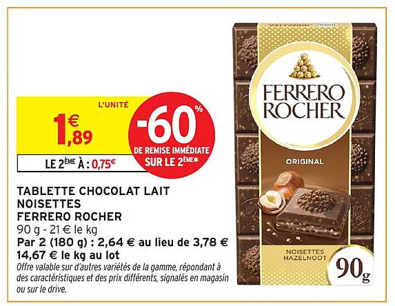 TABLETTE CHOCOLAT LAIT NOISETTES FERRERO ROCHER
