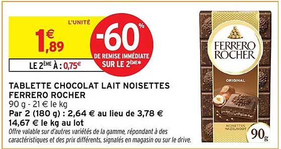 TABLETTE CHOCOLAT LAIT NOISETTES FERRERO ROCHER