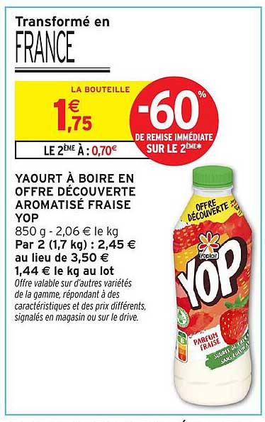 YAOURT À BOIRE EN OFFRE DÉCOUVERTE AROMATISÉ FRAISE YOP