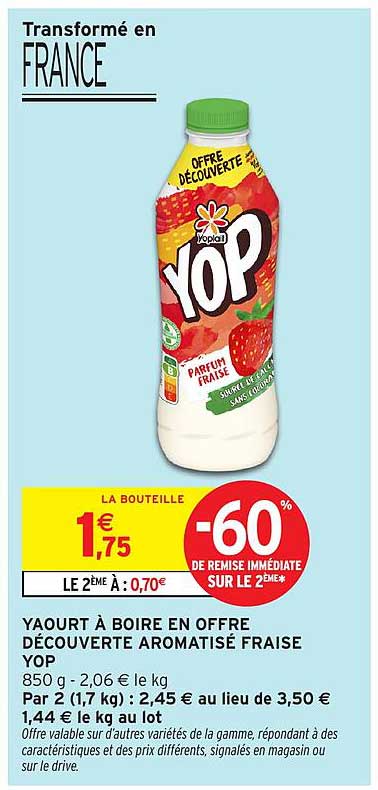YAOURT À BOIRE EN OFFRE DÉCOUVERTE AROMATISÉ FRAISE YOP
