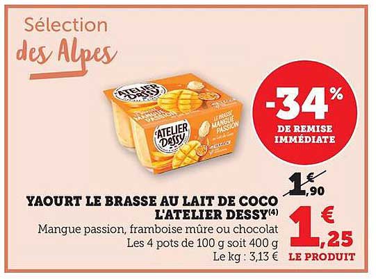 Yaourt le brasse au lait de coco L'Atelier Dessy -34% de remise immédiate