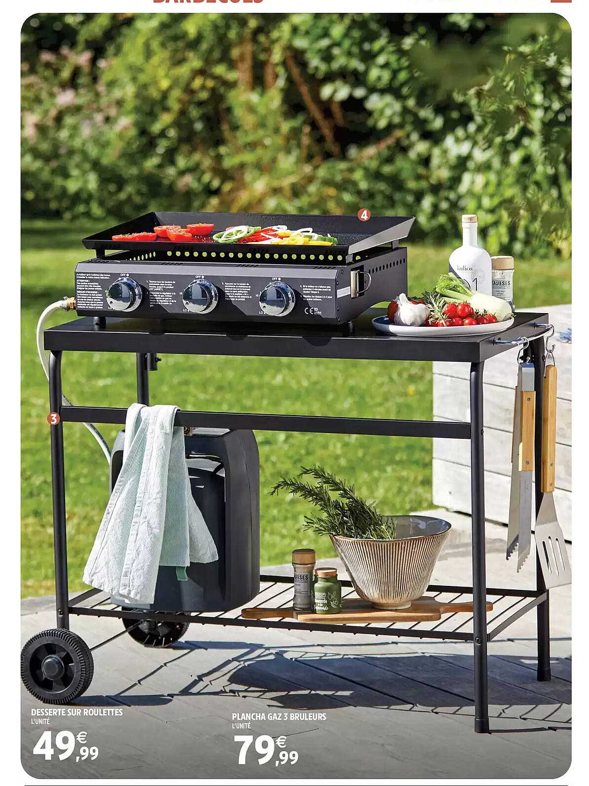 DESSERTE SUR ROULETTES  
PLANCHA GAZ 3 BRULEURS