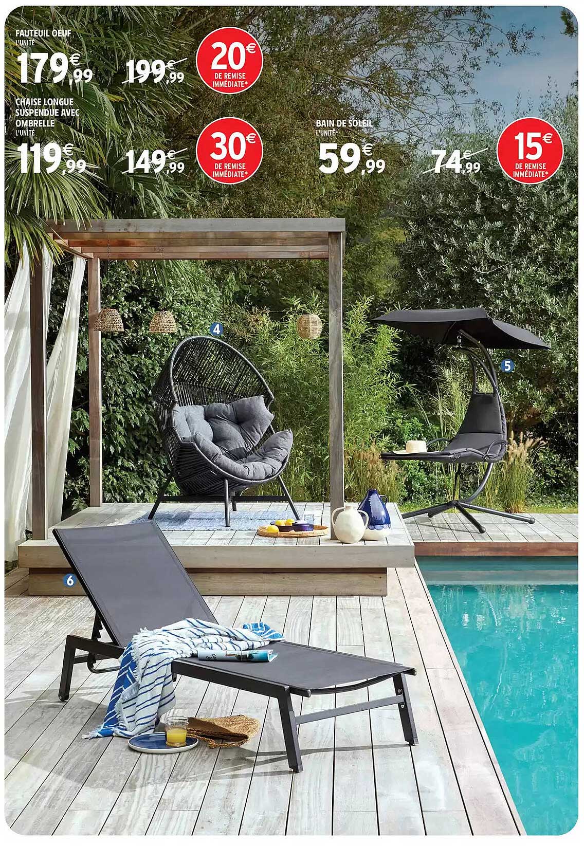 Fauteuil œuf  
Chaise longue suspendue avec ombrelle  
Bain de soleil  