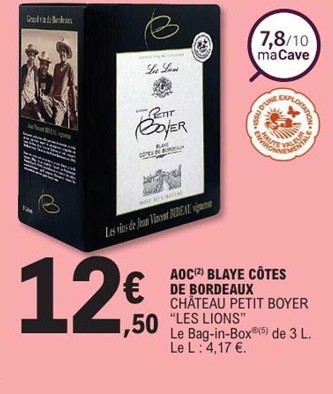 AOC(2) BLAYE CÔTES DE BORDEAUX CHÂTEAU PETIT BOYER “LES LIONS” Le Bag-in-Box®(5) de 3 L. Le L : 4,17 €.