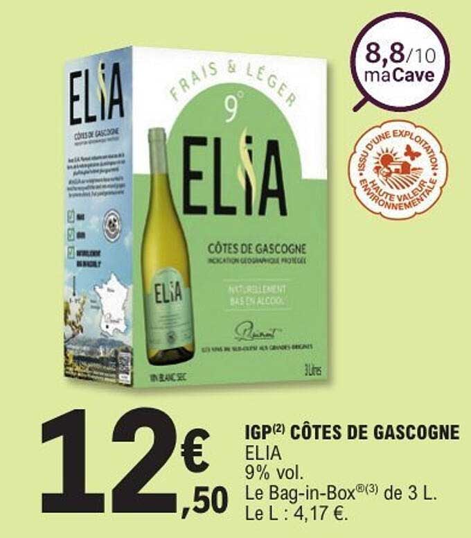 IGP CÔTES DE GASCOGNE ELIA 9% vol. Le Bag-in-Box de 3 L. Le L : 4,17 €.