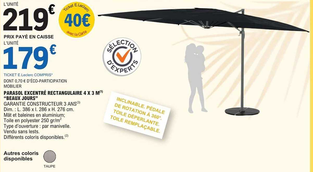 PARASOL EXCENTRÉ RECTANGULAIRE 4 X 3 M “BEAUX JOURS”