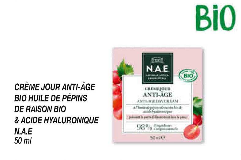 CRÈME JOUR ANTI-ÂGE BIO HUILE DE PÉPINS DE RAISON BIO & ACIDE HYALURONIQUE N.A.E 50 ml