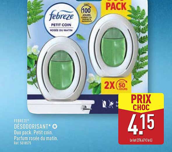 FEBREZE® DÉSODORISANT Duo pack. Petit coin. Parfum rosée du matin.