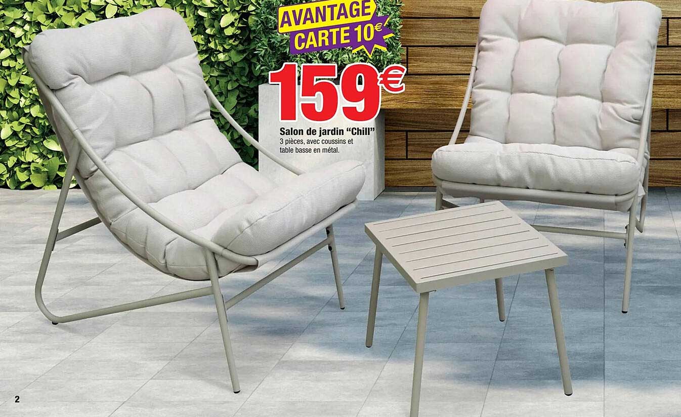 Salon de jardin “Chill” 3 pièces, avec coussins et table basse en métal.