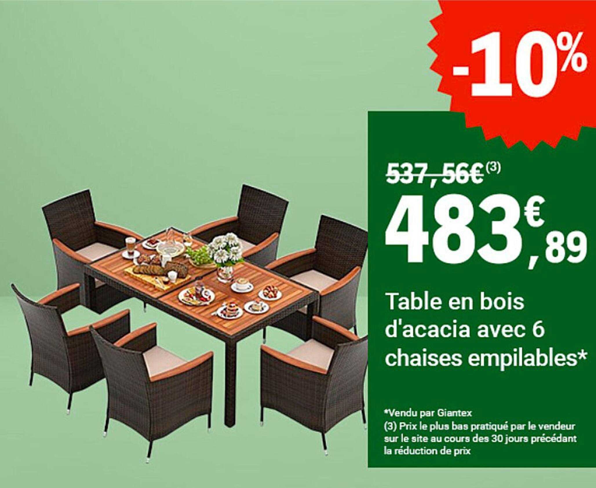 Table en bois d'acacia avec 6 chaises empilables