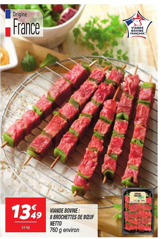 VIANDE BOVINE : 8 BROCHETTES DE BŒUF NETTO