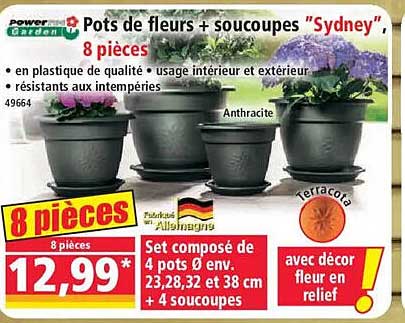 Pots de fleurs + soucoupes "Sydney" 8 pièces