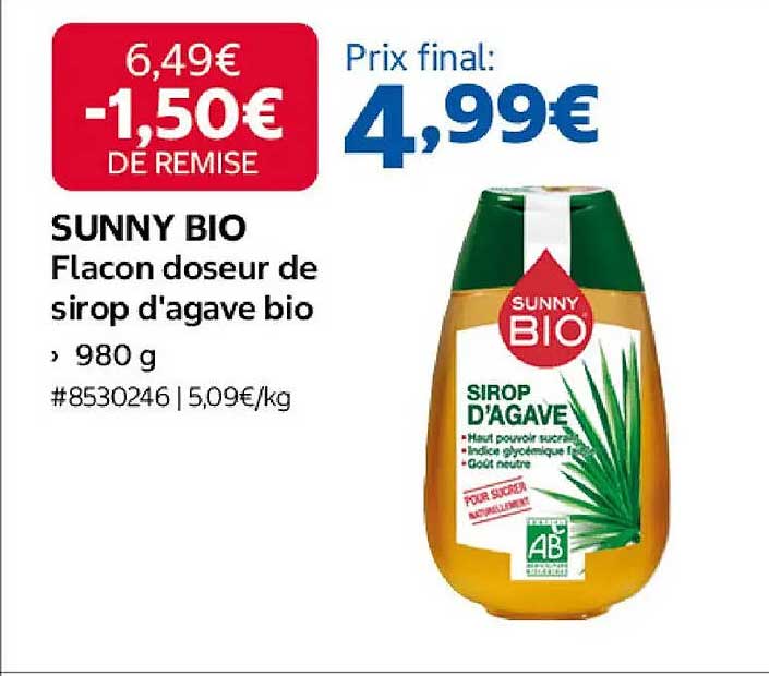 SUNNY BIO Flacon doseur de sirop d'agave bio, 980 g