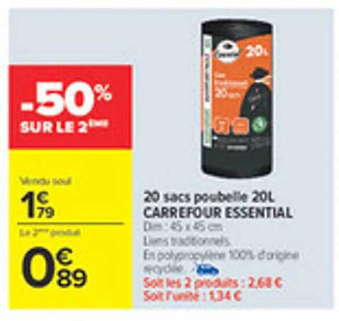 20 sacs poubelle 20L CARREFOUR ESSENTIAL