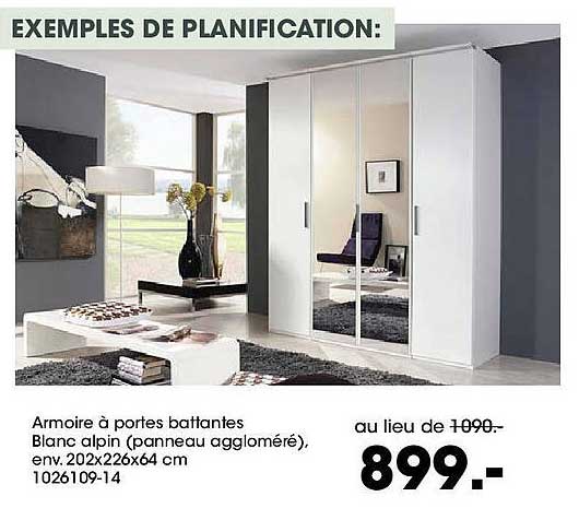 Armoire à portes battantes Blanc alpin (panneau aggloméré), env. 202x226x64 cm