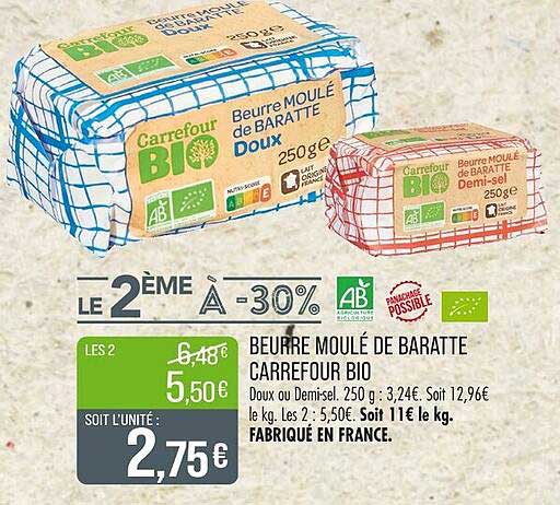 BEURRE MOULÉ DE BARATTE CARREFOUR BIO