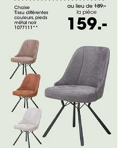 Chaise - Tissu différentes couleurs, pieds métal noir 1077111