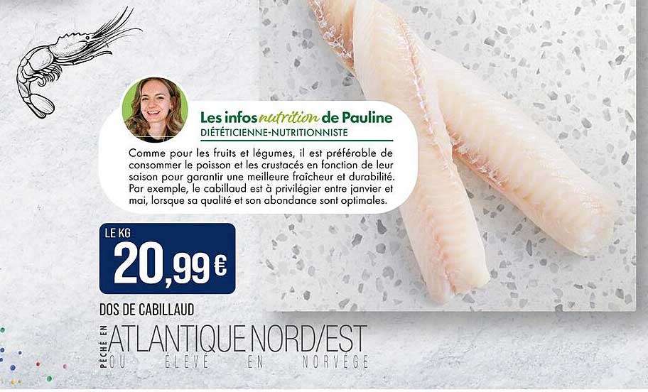 Dos de cabillaud pêché en Atlantique Nord/Est