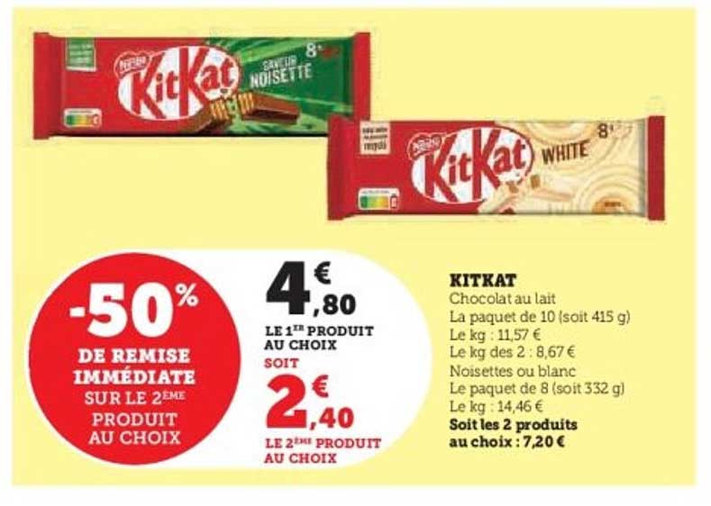 KitKat -50% de remise immédiate sur le 2ème produit au choix