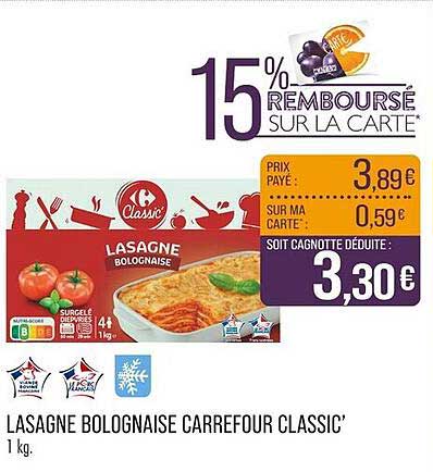 LASAGNE BOLOGNAISE CARREFOUR CLASSIC’ 1 kg