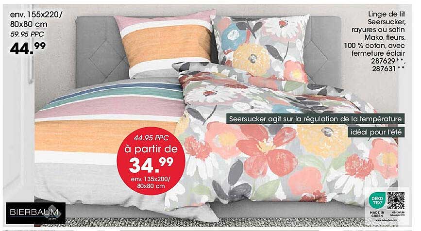 Linge de lit Seersucker, rayures ou satin Mako, fleurs, 100 % coton, avec fermeture éclair