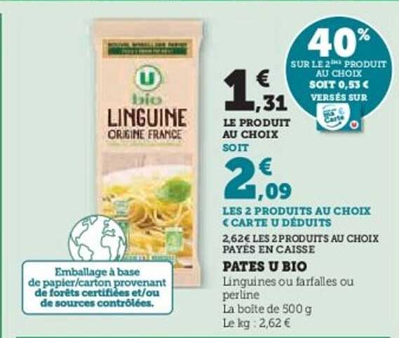 Linguine U Bio - 40% sur le 2ème produit au choix