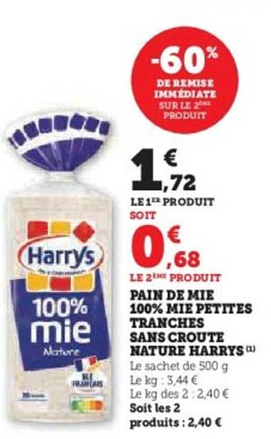 PAIN DE MIE 100% MIE PETITES TRANCHES SANS CROUTE NATURE HARRYS