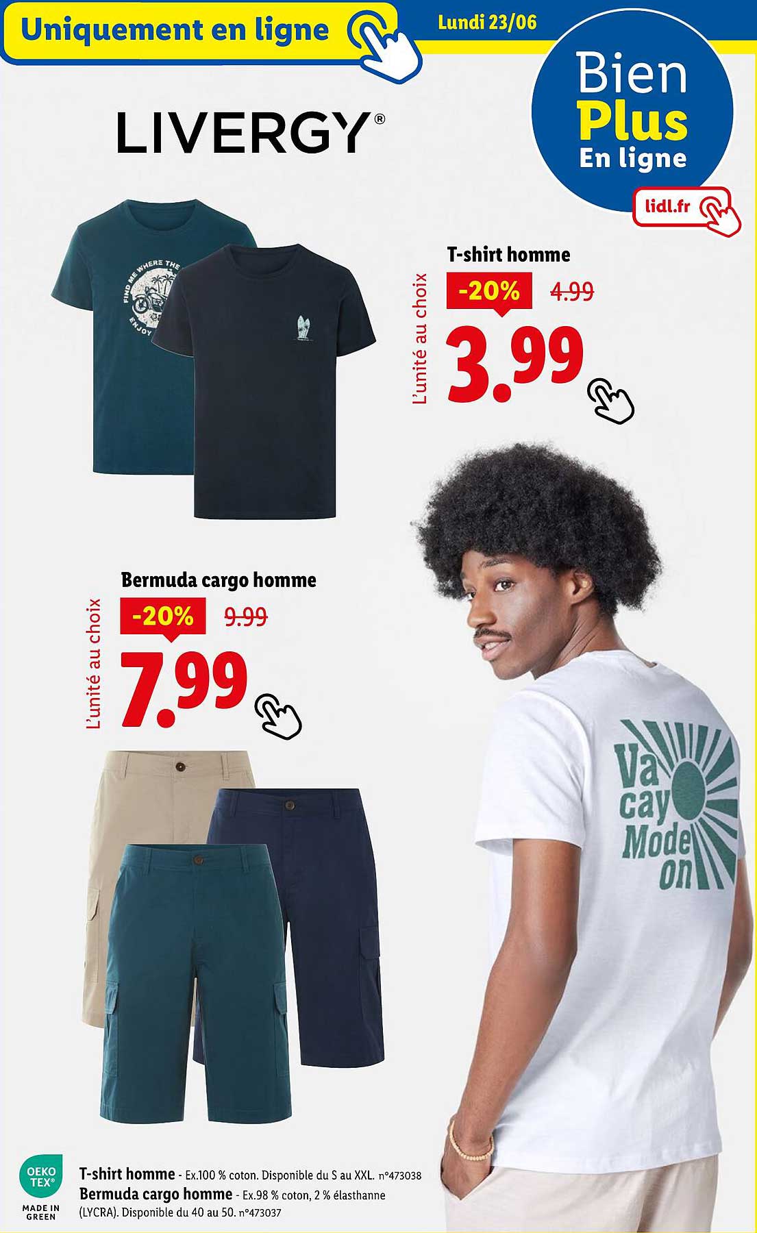 T-shirt homme -20% et Bermuda cargo homme -20%