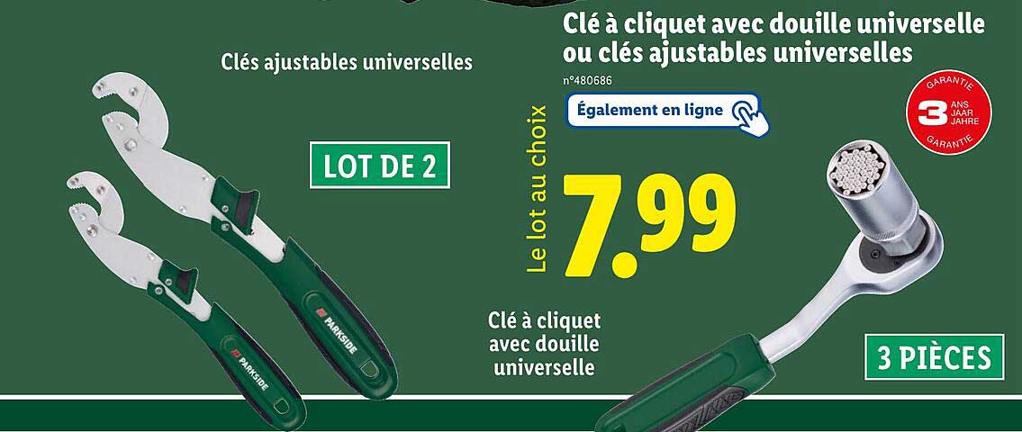 Clé à cliquet avec douille universelle ou clés ajustables universelles