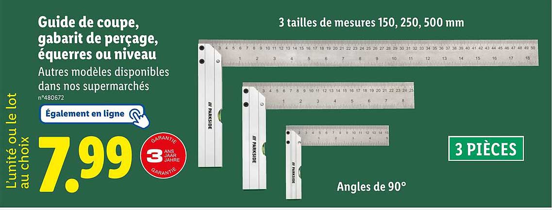 Guide de coupe, gabarit de perçage, équerres ou niveau