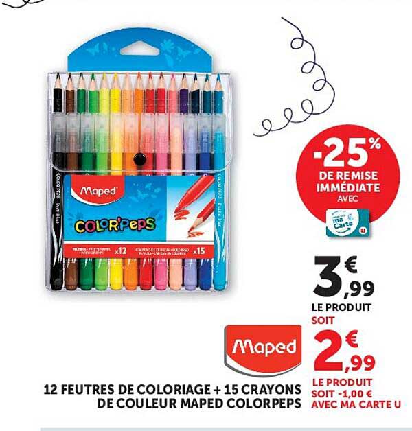 12 FEUTRES DE COLORIAGE + 15 CRAYONS DE COULEUR MAPED COLORPEPS