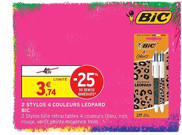 2 STYLOS 4 COULEURS LEOPARD BIC