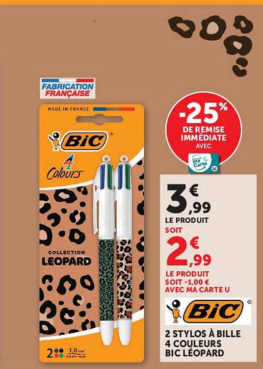 2 STYLOS À BILLE 4 COULEURS BIC LÉOPARD