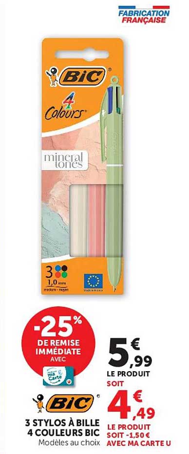 3 STYLOS À BILLE 4 COULEURS BIC