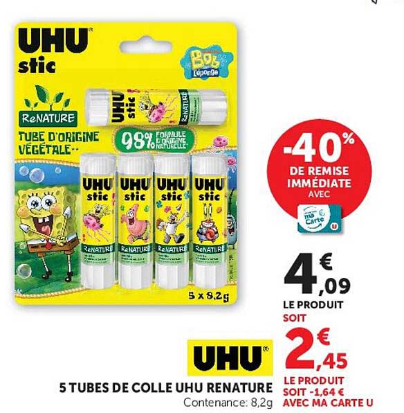 5 TUBES DE COLLE UHU RENATURE