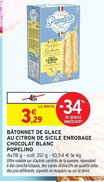 BÂTONNET DE GLACE AU CITRON DE SICILE ENROBAGE CHOCOLAT BLANC POPELINO